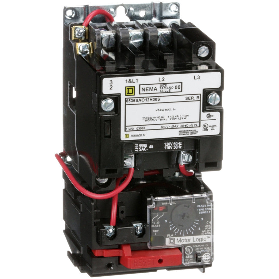NEMA Rated Magnetic Starter, Type S, Non-Reversing, Open Enclosure, 3-Pole, 3-Phase, 9A, NEMA Size 00, 110/120V Coil, Form H30/S