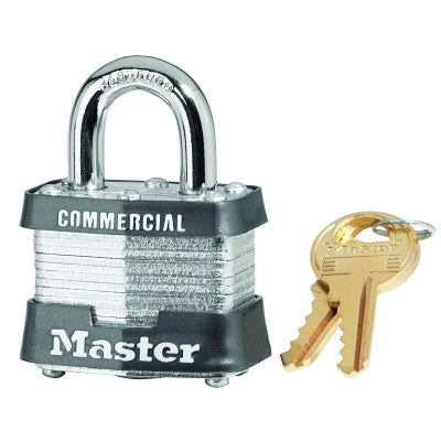 No. 3 Laminated Steel Padlock, 9/32 in dia, 5/8 in W x 3/4 in H Shackle, Silver/Gray, Keyed Different, Varies