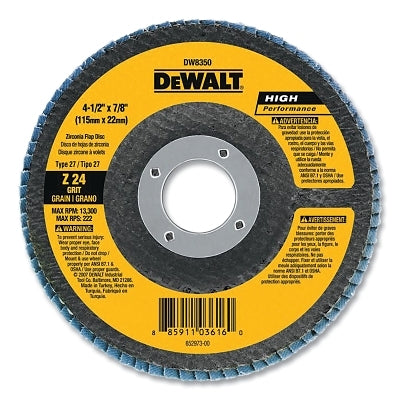 Type 27 Flap Disc, High Performance, 4-1/2 in dia, 24 Grit, 7/8 in Arbor, Zirconia Alumina, 13300 RPM