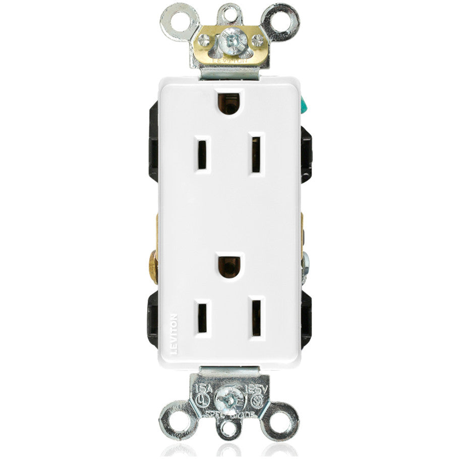 Decora Plus Straight Blade Duplex Receptacle, 15A, 125V, 2P3W, Self-Grounding, Back and Side Wired, Industrial, White