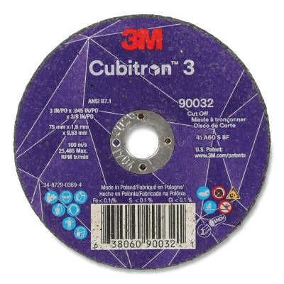 3M 638060-90032 Cubitron 3 Cut-Off Wheel, 3 in dia x 0.045 in Thick x 3/8 in Arbor, 60+ Grit, T1