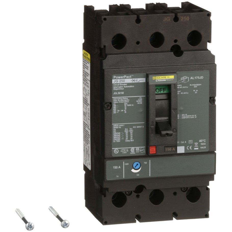 PowerPact Molded Case Circuit Breaker, J-Frame, Thermal Magnetic, Unit Mount, 18kA, 600 Vac/250 Vdc, 3-Pole, 150A