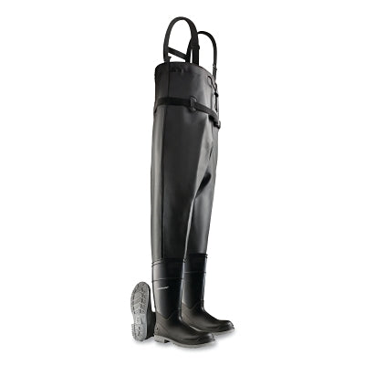 Chest Waders, Plain Toe, Men's 7, 16 in Boot, 56-1/2 in Overall L, PVC, Nylon Suspenders, Black/Gray