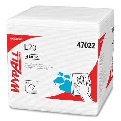 WypAll L20 Wiper, 12 in W x 12 in L, 1/4 Fold, White, 68/Pack, 12 PK/CA