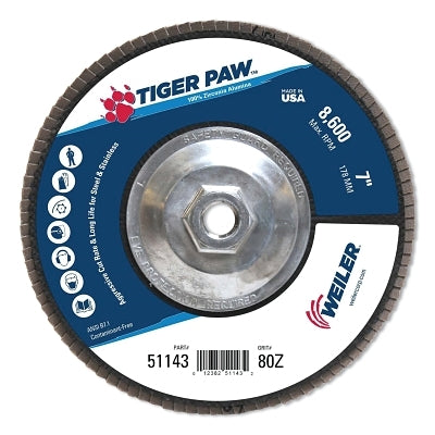 Tiger Paw Coated Abrasive Flap Discs, 7", 80 Grit, 5/8 Arbor, Phenolic Back