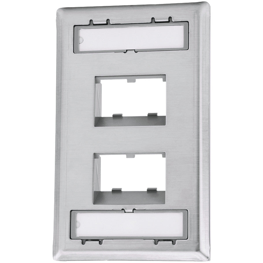 Faceplate, Stainless Steel, Recessed Mount, 4 Port, Metallic, 1 per Package, 10 per Package, 4.51 x 2.76 x 0.74 in.