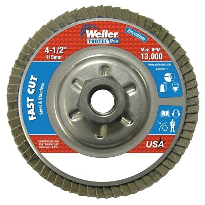 Vortec Pro Abrasive Flap Discs,4.5", 80 Grit, 5/8 Arbor, 13,000 rpm, Alum Back
