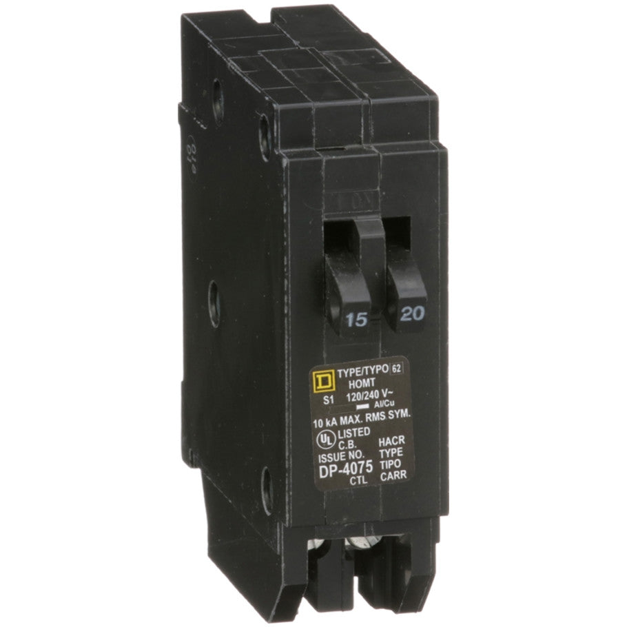 Homeline Tandem Circuit Breaker, Plug-In, 10kA, 120/240 Vac, 1-Pole, 15/20A