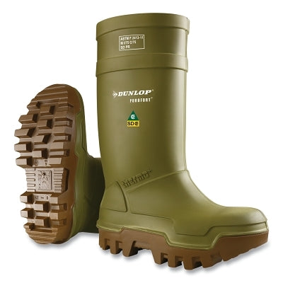 Purofort Thermo+ Rubber Boots, Steel Toe, Men's 13, 16 in Boot, Polyurethane, Green/Brown