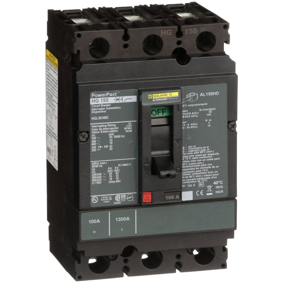 PowerPact Molded Case Circuit Breaker, H-Frame, Unit Mount, 18 kA, 600V, 3-Pole, 100A, 100  37; Rated