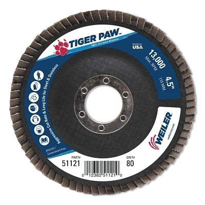 Tiger Paw TY29 Coated Abrasive Flap Disc, 4-1/2 in, 80 Grit, 7/8 Arbor, 13,000 RPM