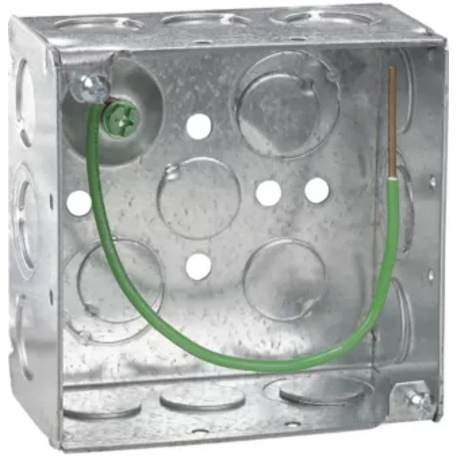 4 Square Box, Steel, Welded, 2-1/8 in. D, (8) 1/2   (4) 1/2 3/4 in. E Side KO, (2) 1/2   (2) 1/2 3/4 in. E Bottom KO, Pigtail