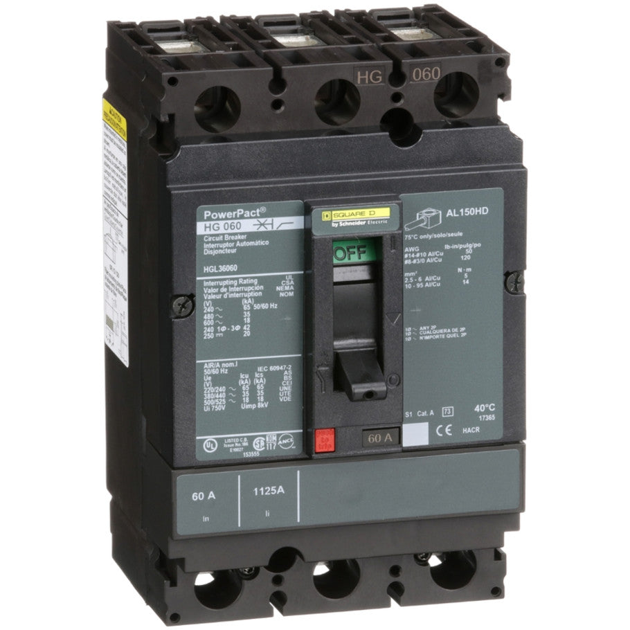 PowerPact Molded Case Circuit Breaker, H-Frame, Unit Mount, 18 kA, 600V, 3-Pole, 60A