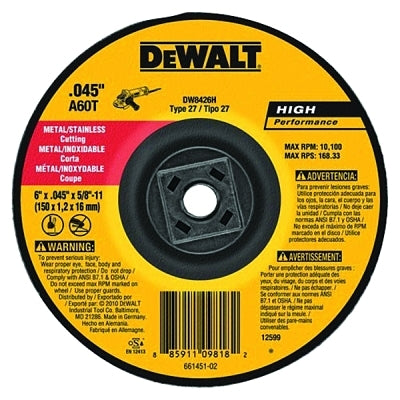 High Performance Cutting Wheel, Type 27, 6 in dia x 0.045 in Thick x 5/8 in-11 Arbor, 60 Grit, Aluminum Oxide
