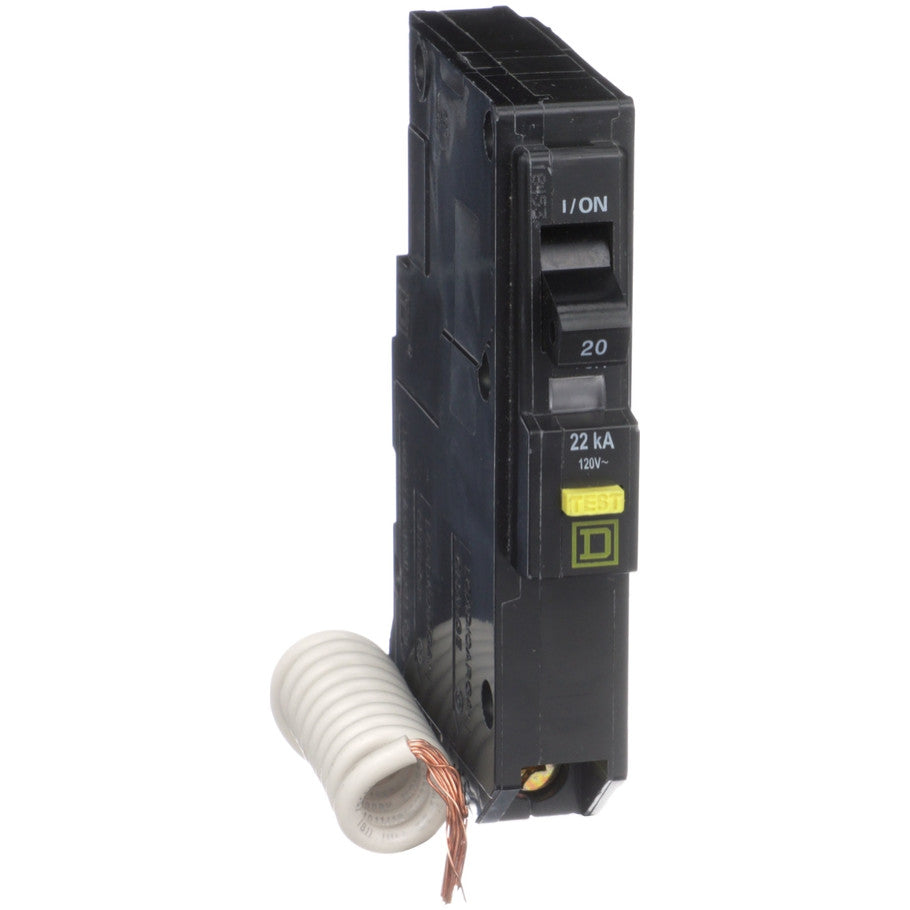 Mini circuit breaker, QO, 20A, 1 pole, 120VAC, 22kA, plug in, 6mA grd fault A, pigtail  TAA