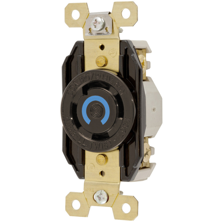 Twist-Lock Receptacle, Single, Flush, 30A, 3-Phase Y 120/208V, 4P4W, Black Nylon