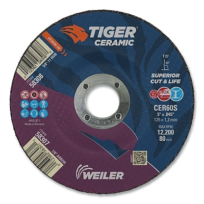 Tiger Ceramic Cutting Wheel, Type 27, 5 in Diameter., 0.045 in Thick, 7/8 in Arbor