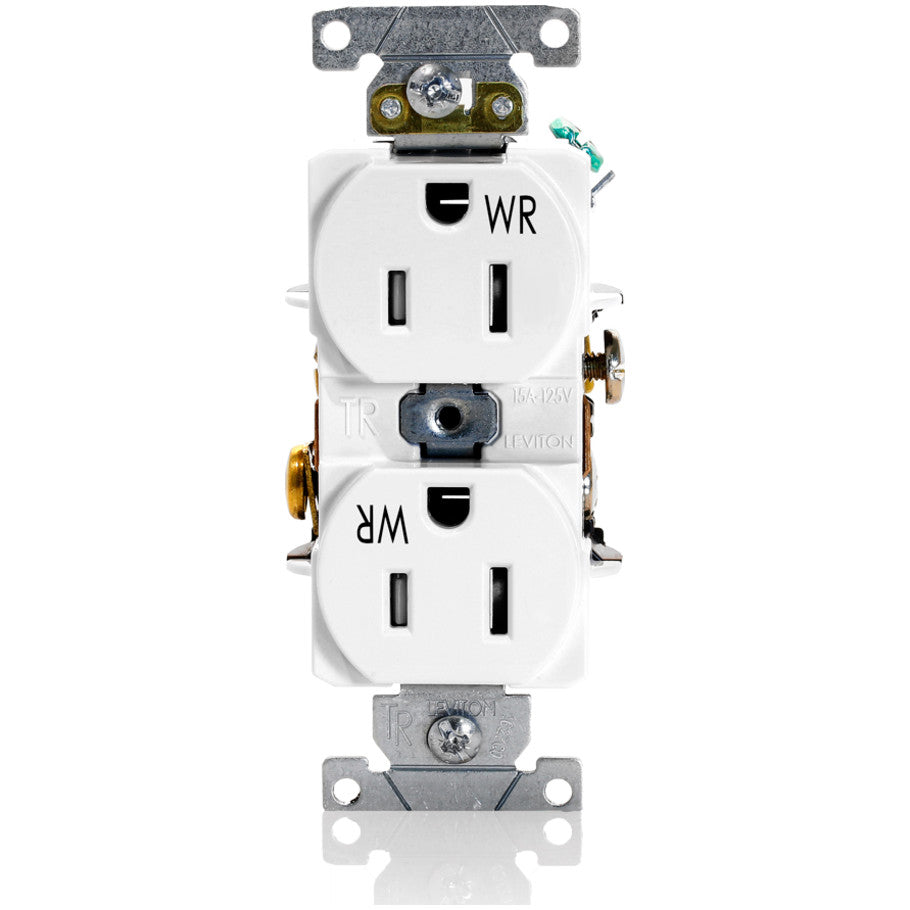Straight Blade Duplex Receptacle, Tamper-/Weather-Resistant, 15A, 125V, 2P3W, NEMA 5-15R, Self-Grounding, White