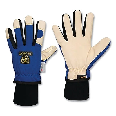 Leather and Spandex Winter Gloves, Pigskin, Large, Blue/Tan