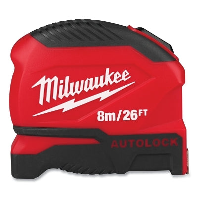 Auto-Lock Tape Measure, 8 m/26 ft, Metric/SAE, 1 in W Blade, Red/Black