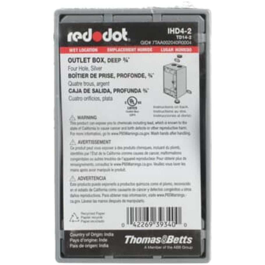 Red-Dot Weatherproof Box, Aluminum Die Cast, (4) 3/4 in. Threaded Hubs, 1-Gang, 2-5/8 in. Deep
