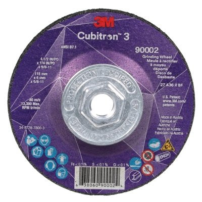 3M 638060-90002 Cubitron 3 Depressed Center Grinding Wheel, 4-1/2 in dia x 1/4 in Thick x 5/8 in-11 Arbor, 36+ Grit, T27