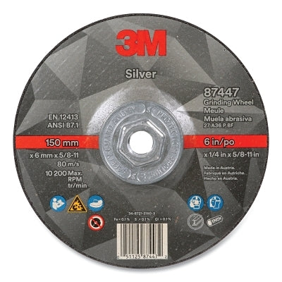 3M 051125-87447 Silver Depressed Center Grinding Wheel, 6 in dia, 1/4 in, 5/8 in-11 Arbor Thread, 36 Grit, Precision Shaped Ceramic