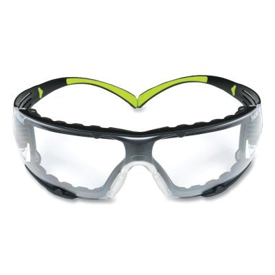 3M SF401AF-FM SecureFit 400 Series Protective Eyewear, Clear Poly Lens, Anti-Fog/Anti-Scratch, Black/Green Plastic Temples, Foam Gasket