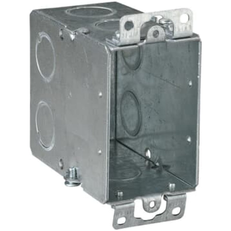 3x2 Switch Box, Gangable, Steel, 3-1/2 in. D, (8) 1/2 in. Side KO, (1) 1/2 in. Bottom KO, Mounting Ears