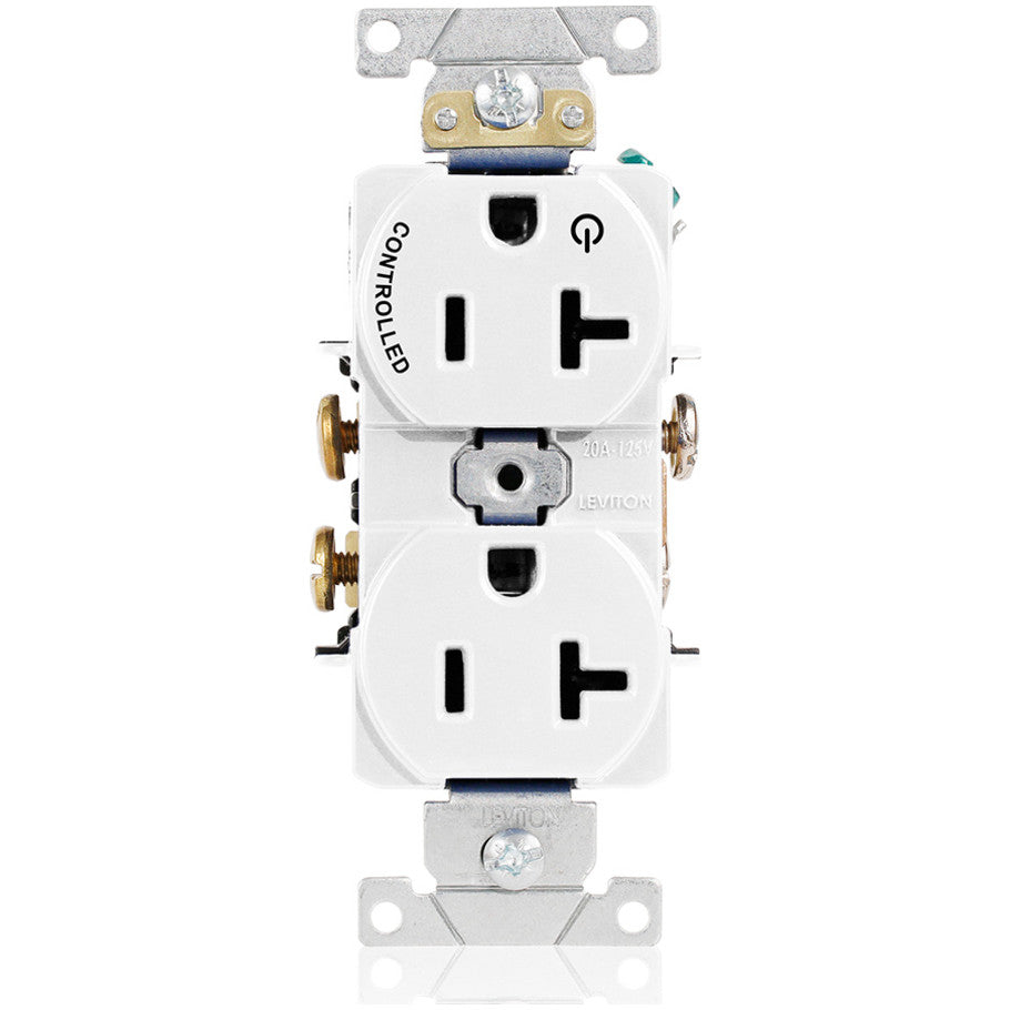 Straight Blade Duplex Receptacle, Hot Terminal Split, 1 Plug Controlled, 20A, 125V, 2P3W, NEMA 5-20R, Contractor Pack, White