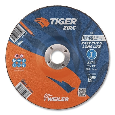 Tiger Grinding Wheel, 7 in dia x 1/4 in Thick x 7/8 in Arbor, 24 Grit, Zirconia Alumina/Ceramic, Type 28, 10 EA/BX