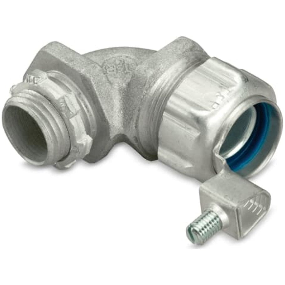 53 Series Liquid Tight Connector, Zinc Plated Malleable Iron, 90  176;, Insulated Throat, Grounding Lug, 1/2 in.