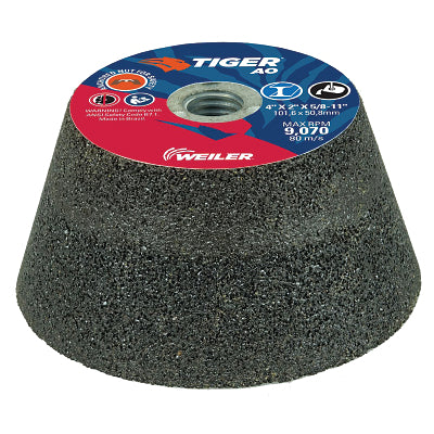 Weiler Tiger Flaring Cup Wheel, 4 in/3 in dia x 2 in T x 5/8 in-11 Arbor, 3/4 in Rim, 16 Grit, AO, Type 11, 5 EA/BX
