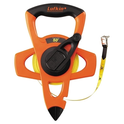 Hi-Viz Orange Reel Fiberglass Tape, 1/2 in x 50 ft, SAE, Orange, 1/10 in Grad