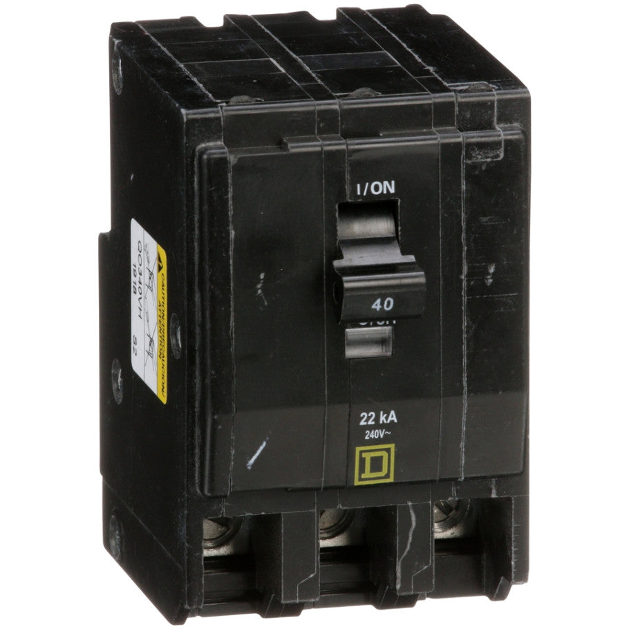 QO Miniature Circuit Breaker, Plug-In, 22kA, 240 Vac, 3-Pole, 40A, Common Trip