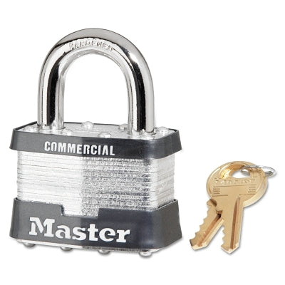No. 5 Laminated Steel Padlock, 3/8 in dia x 15/16 in W x 1 in H Shackle, Silver/Gray, Keyed Alike, Keyed A1378