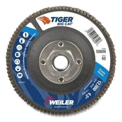 Tiger Big Cat High Density Flap Disc, 4-1/2 in dia, 60 grit, 5/8 in to 11 in arbor, 12000 RPM