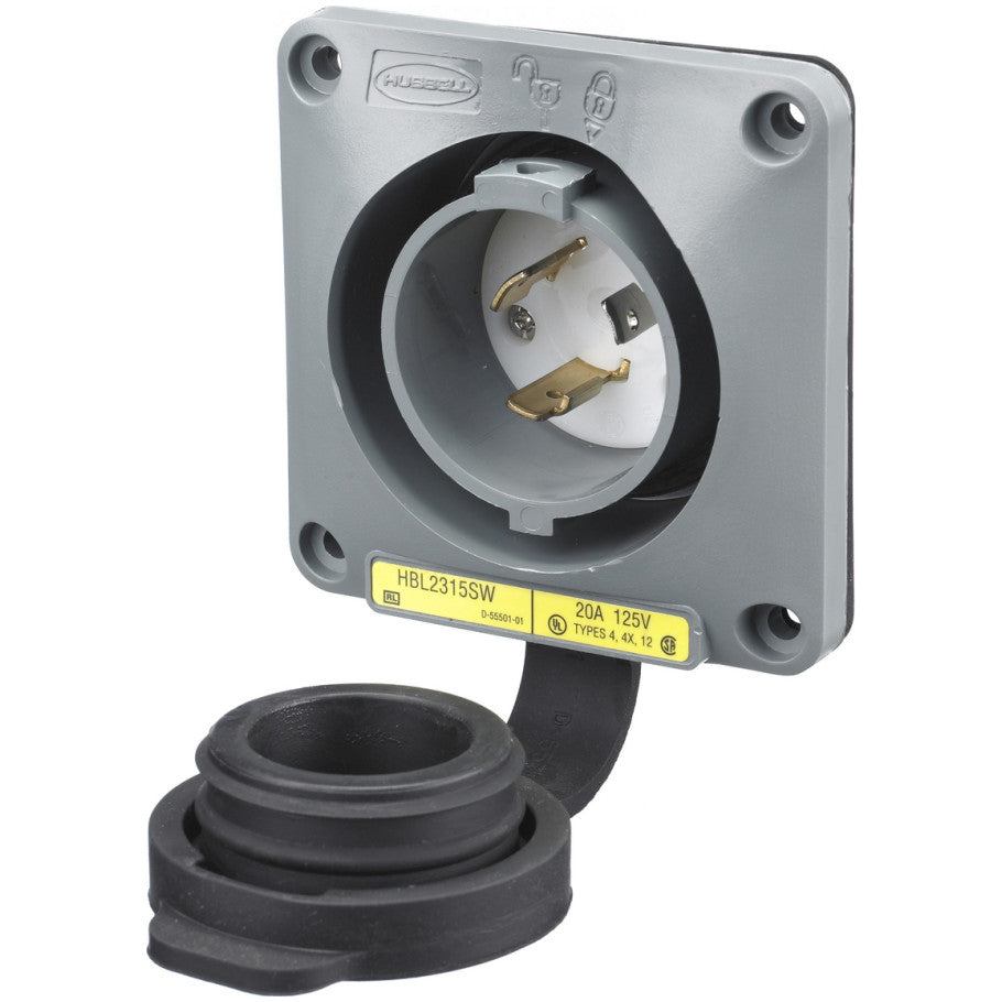 Twist-Lock Watertight Safety-Shroud Flanged Inlet, 20A, 125V, 2P3W, NEMA L5-20P, Closure Cap, PBT Housing, Gray