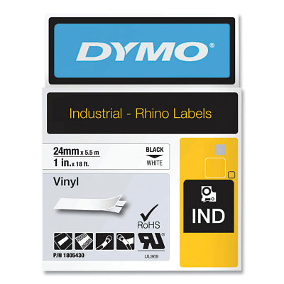 Industrial Rhino Vinyl Label Cartridge, 1 in W x 18 ft L, Black Print on White Background