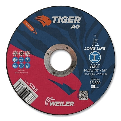 Tiger AO Cutting Wheel, 4-1/2 in dia x 1/16 in Thick, 7/8 in Arbor, A36T, Type 1