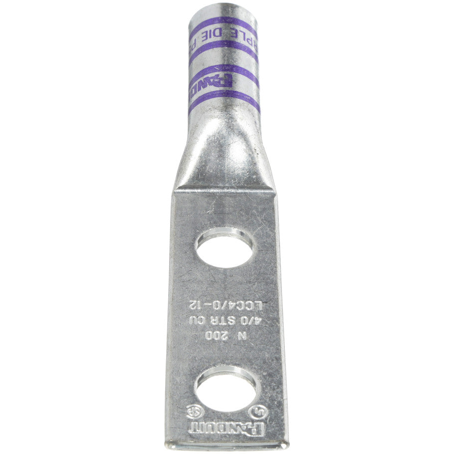 Pan-Lug Compression Lug, 2-Hole, 4/0 AWG, 1/2 in. Stud Size, Tin-Plated, Purple