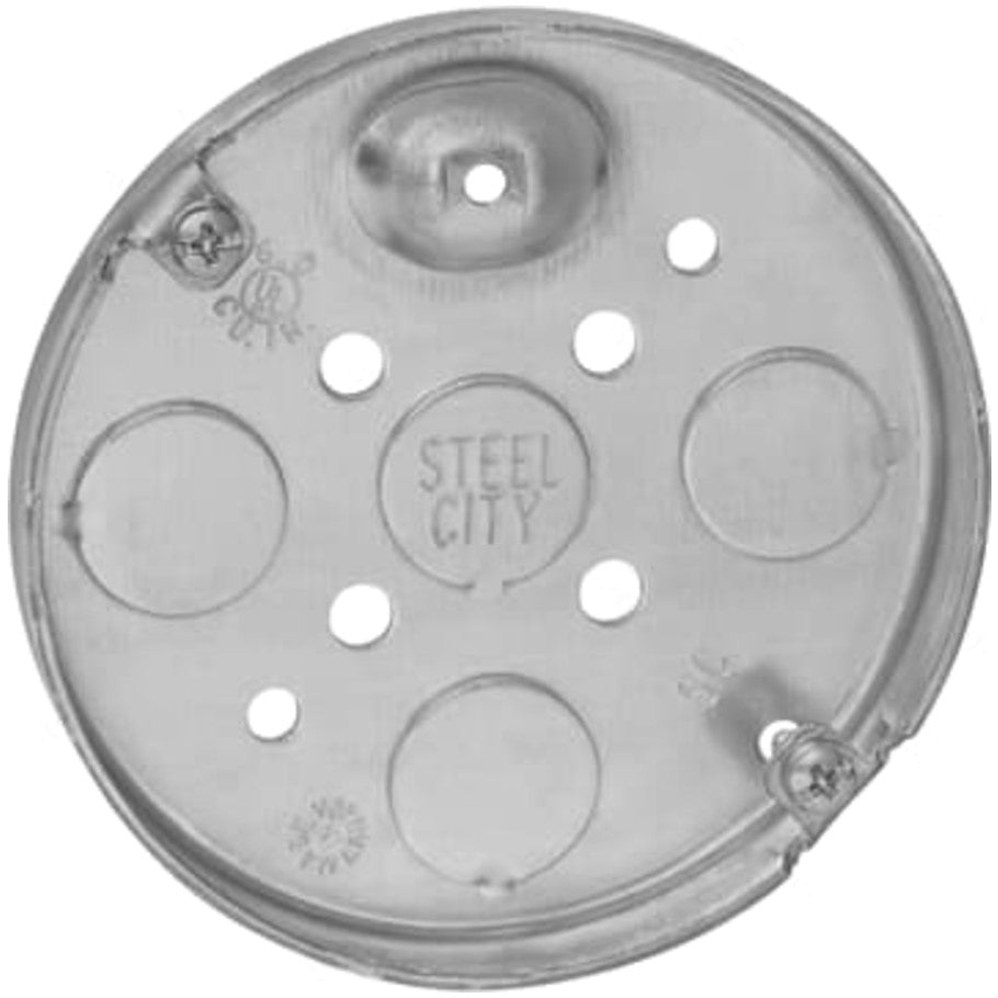 4 in. Round Ceiling Pan Box, Steel, 1/2 in. D, (4) 1/2 in. Bottom KOs
