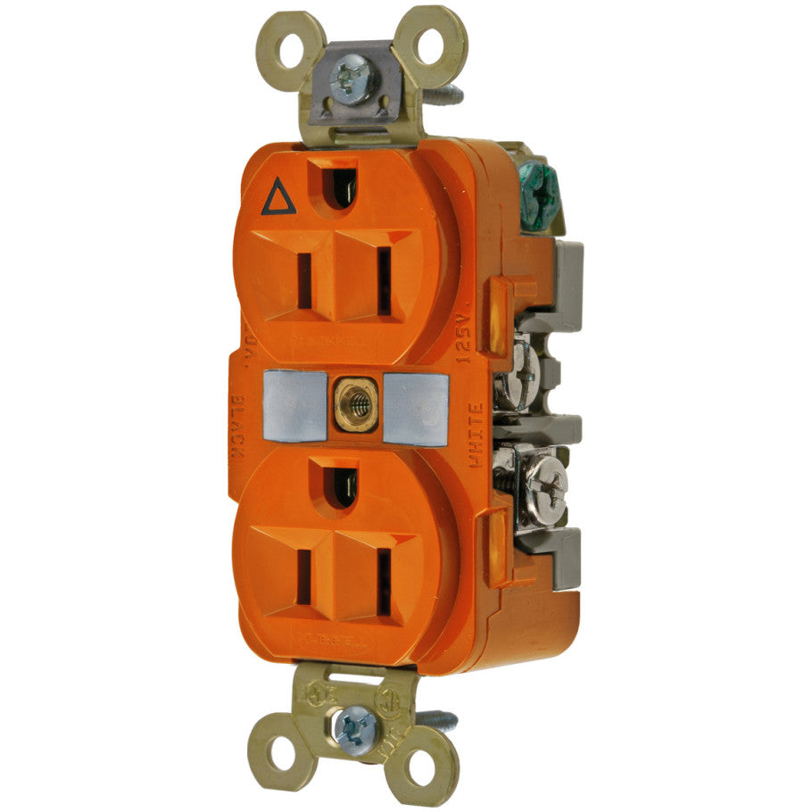 HBL Isolated Ground Duplex Receptacle, Extra Heavy Duty Specification Grade, 15A, 125V, 2P3W, Orange