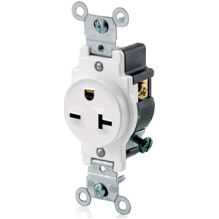 Straight Blade Single Receptacle, Narrow Body, 20A, 250V, 2P3W, NEMA 6-20R, Side Wired, White