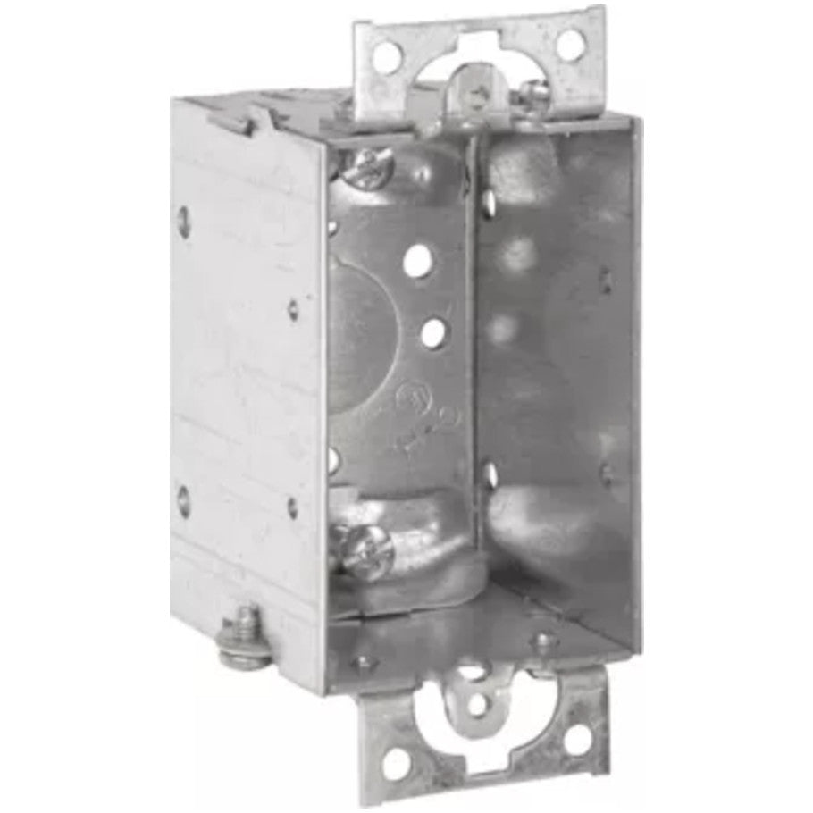 Steel Switch Box, 3x2, Gangable, NM Cable, 2 in. D, (4) Side Cable Clamps, (1) 1/2 in. Bottom KO, Mounting Ears
