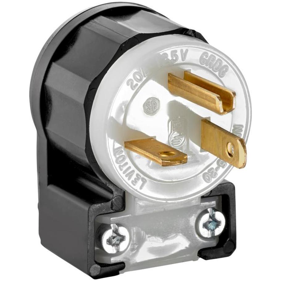 Black/White Nylon 20A 125V 2P3W Straight Blade Angled Plug, Industrial Grade