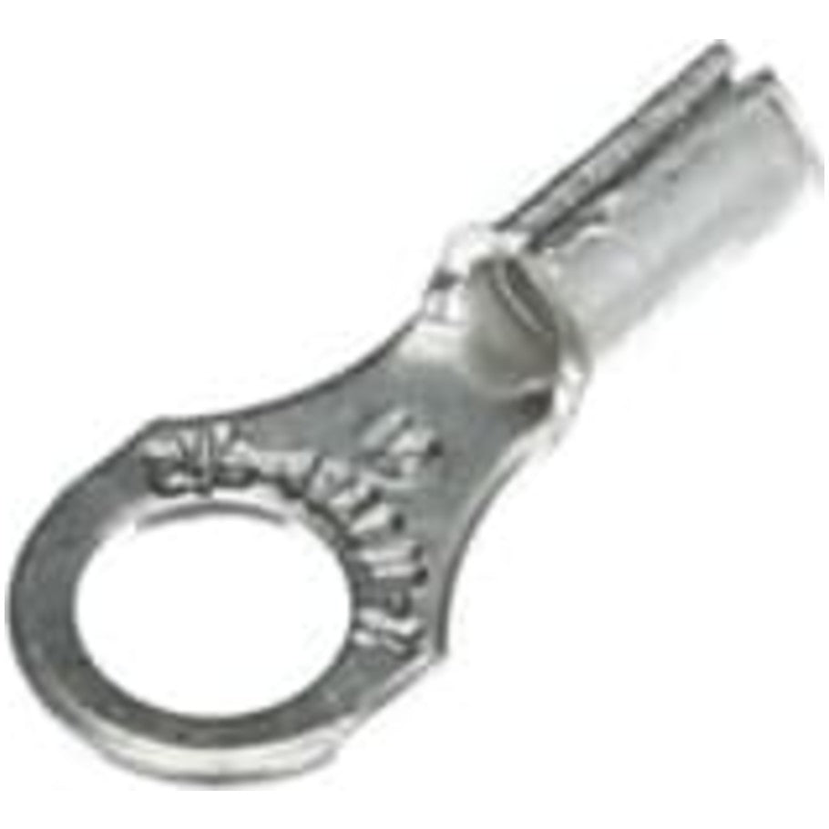 Non-Insulated Ring Terminal, Length .75 Inches, Width .31 Inches, Wire Range  18- 14 AWG, Copper, Tin Plated