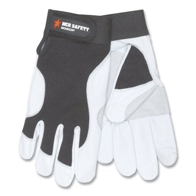 Leather Palm Mechanics Gloves, Goatskin, Cowhide Palm, Medium, White/Black