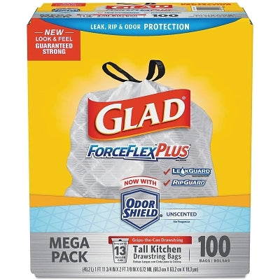 ForceFlex Tall Kitchen Drawstring Trash Bags, 13 gal, 0.72 mil, 23.75 in W x 24.88 in H, White, Odor Shield