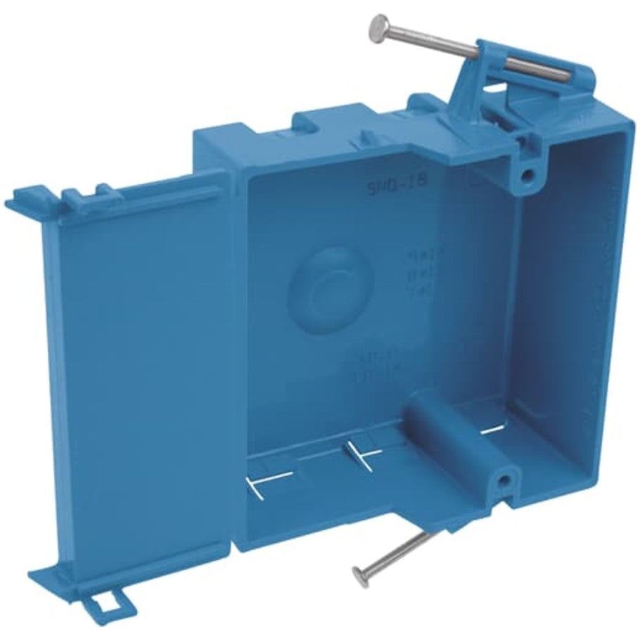 1-gang 18 cu.in. blue PVC nail-on wall box with angled side nails.